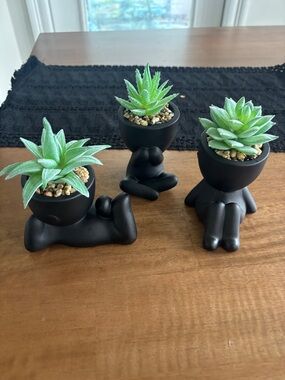 Set of 3 Black Mini Planter Figurines with Faux Succulents